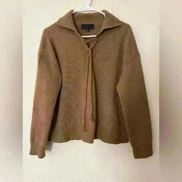 Nili Lotan Gloria Collared Lace Up Wool Sweater in Cognac brown Size Medium - Picture 6 of 10